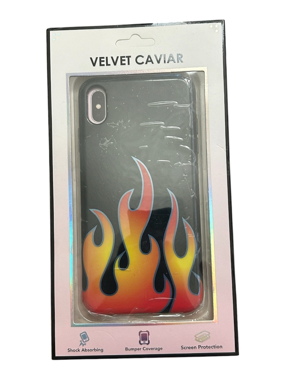 Velvet Caviar Black Phone Case with Yellow-Orange Flame Design